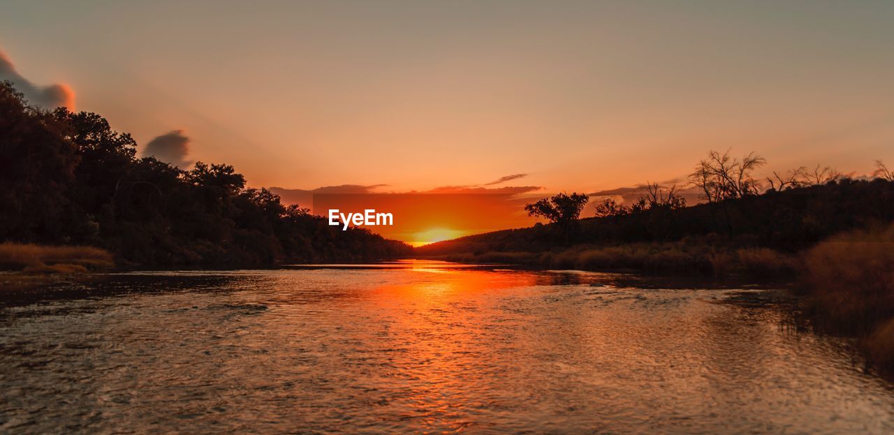 Scenic view of silhouette trees against orange sky