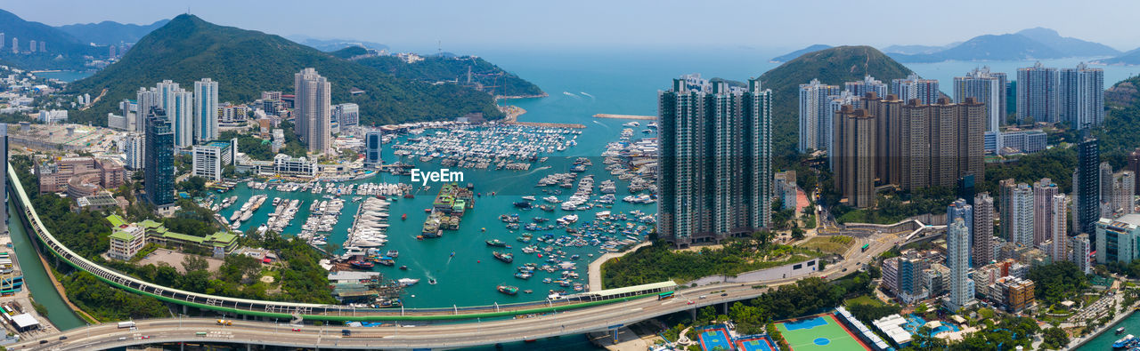 High angle view of city buildings