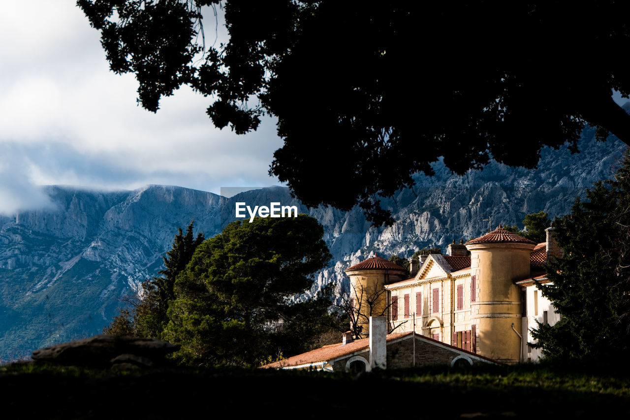 Buildings against cloudy sky