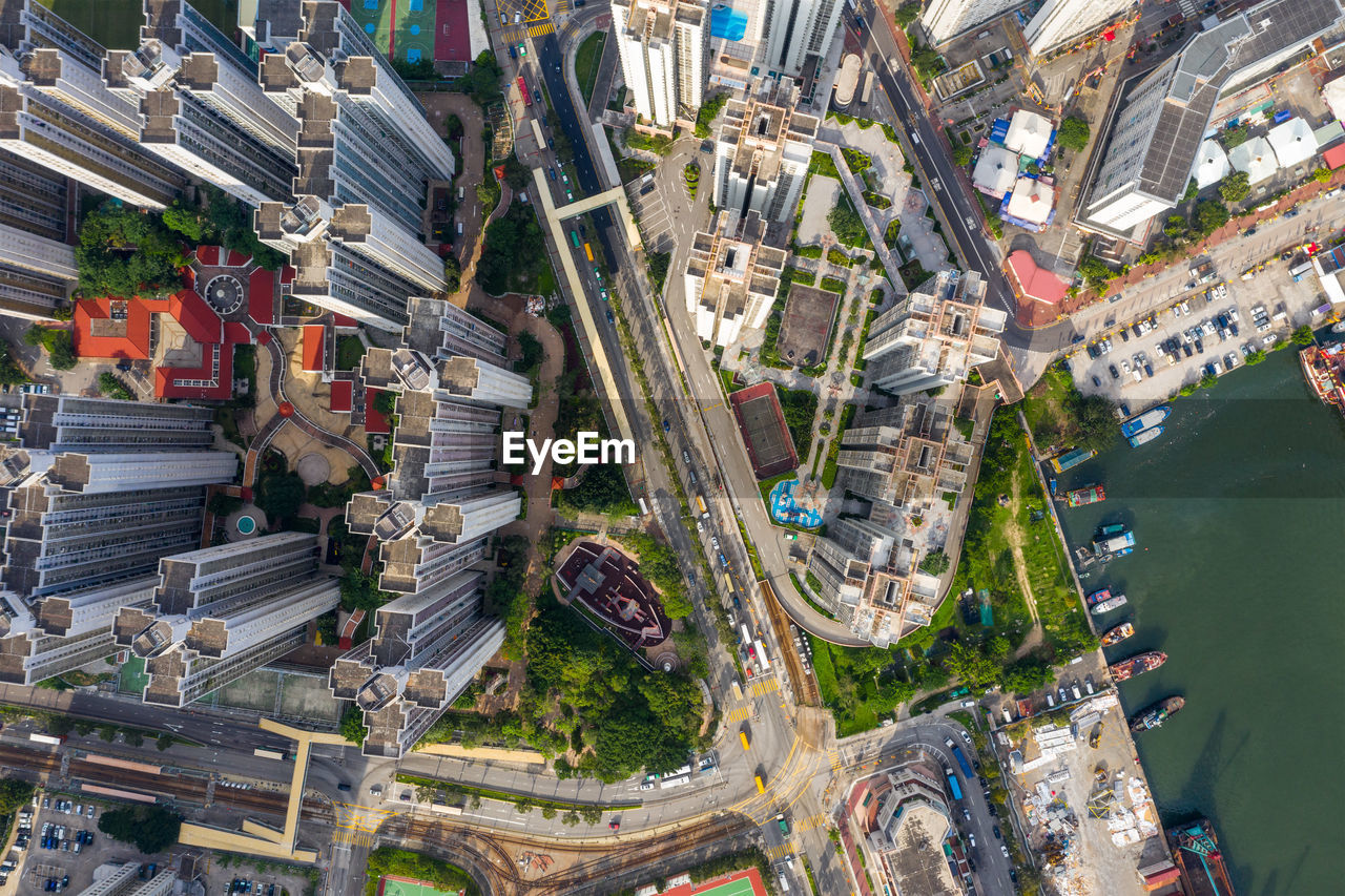 HIGH ANGLE VIEW OF BUILDINGS AND STREET