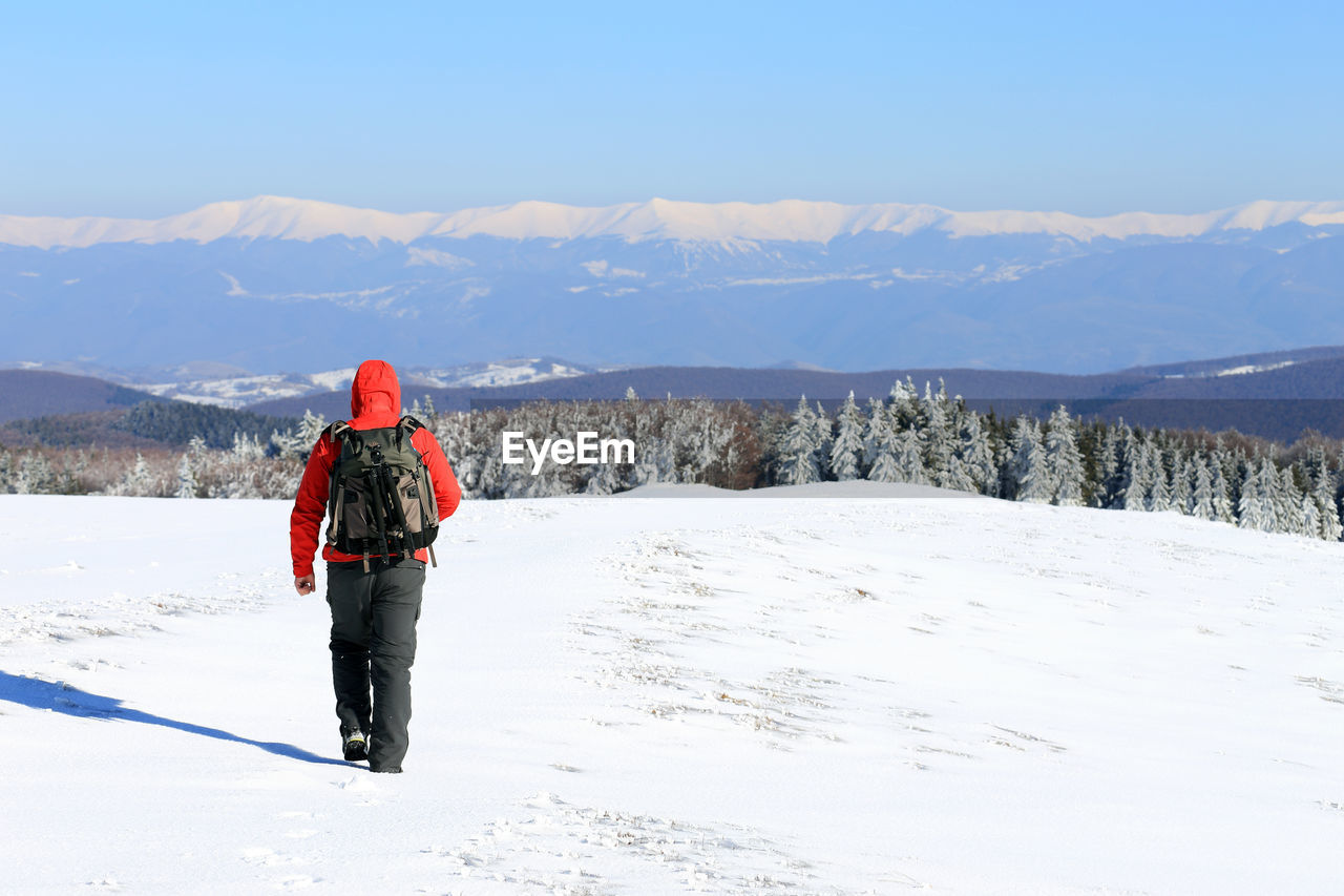 Rear view of person on snowcapped mountain against sky