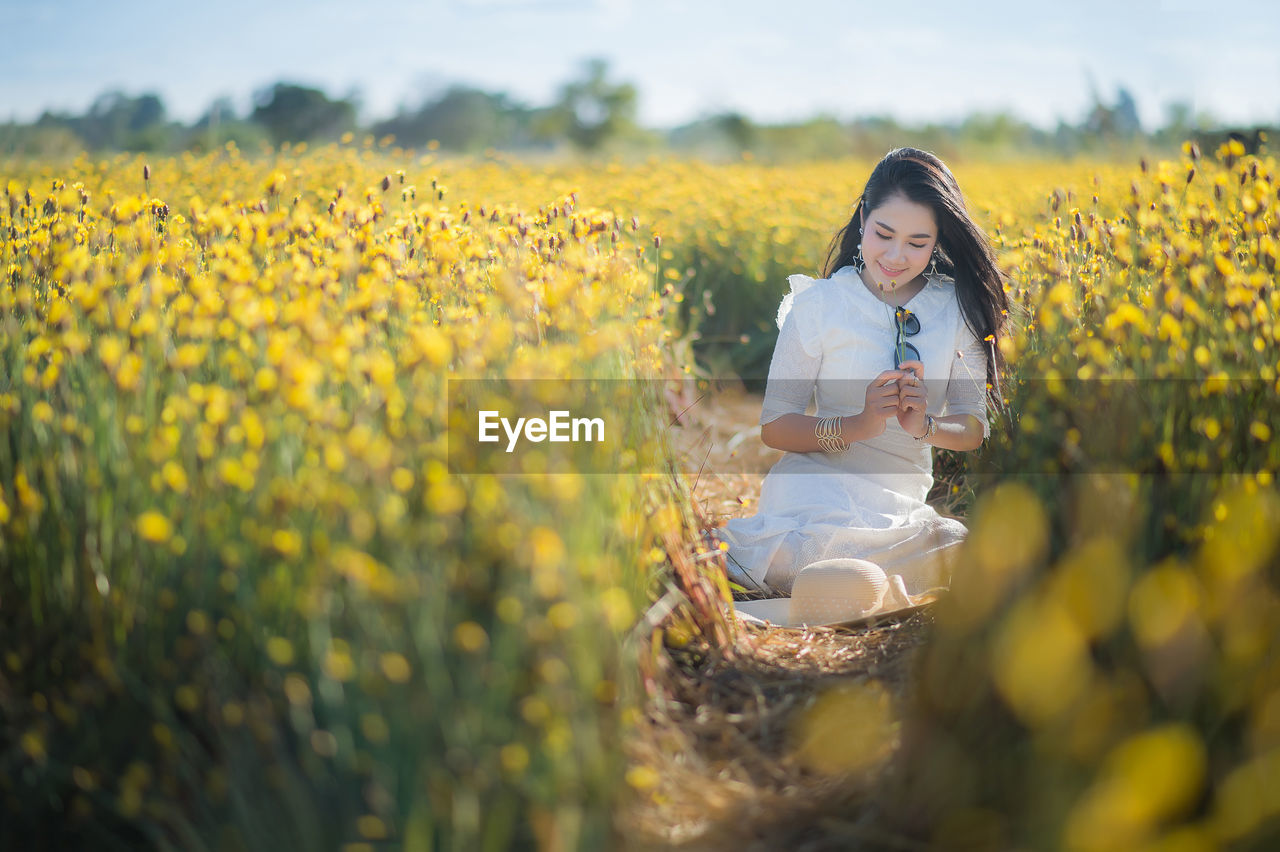 Woman sitting amidst yellow flowering plants on field