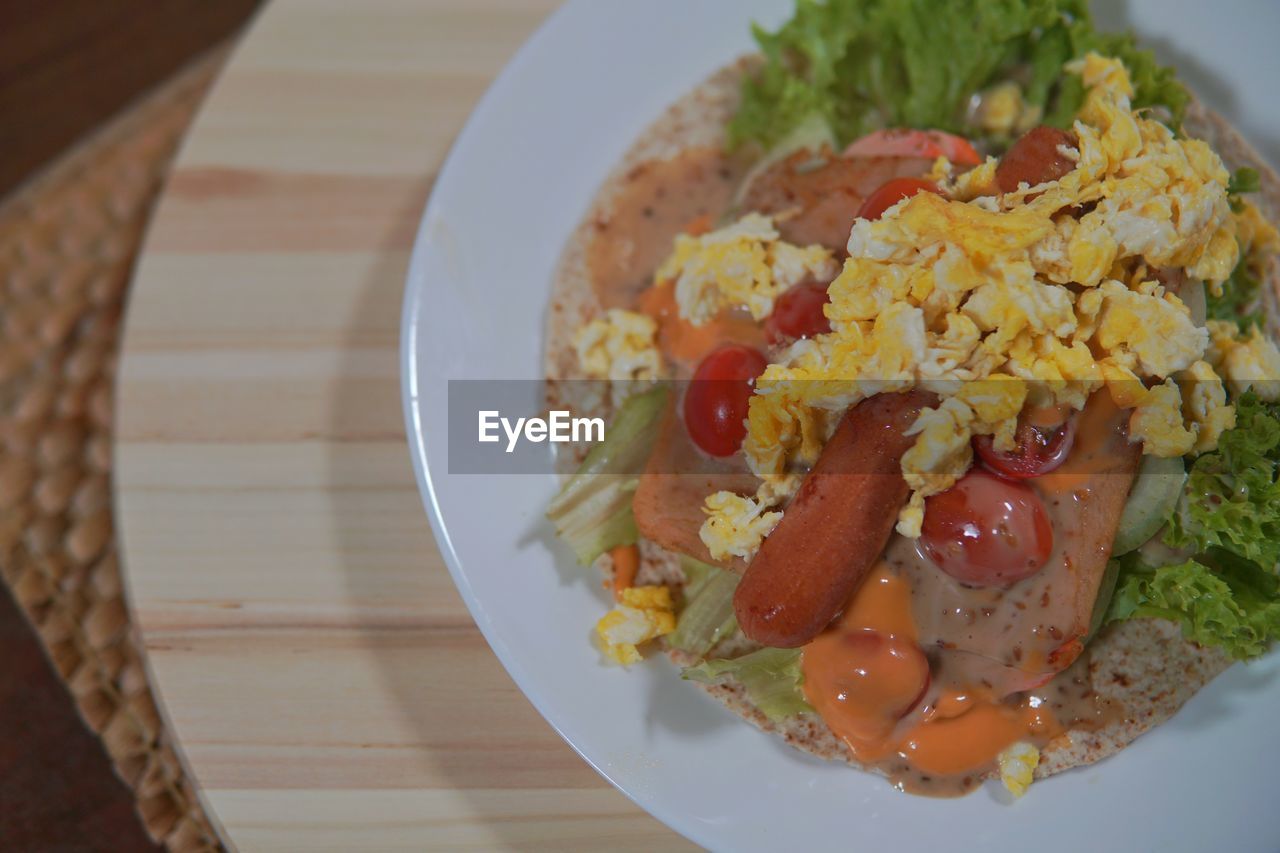 High angle view of breakfast served on table