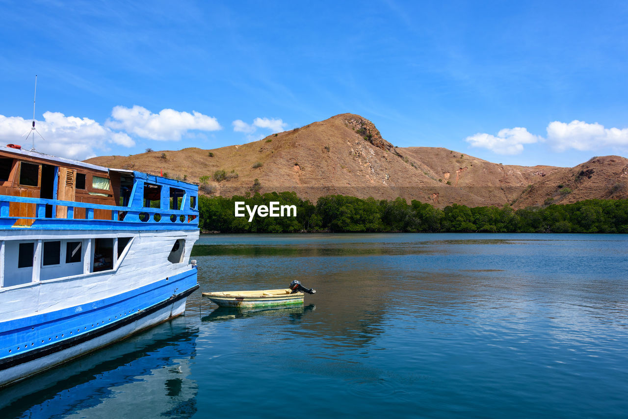 BOAT MOORED IN LAKE AGAINST BLUE SKY