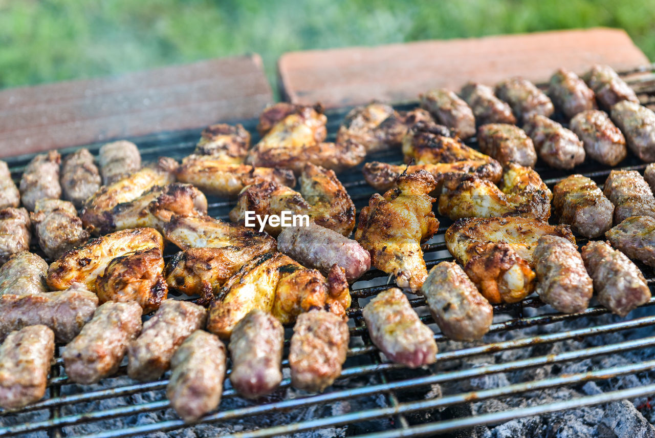 Close-up of meat on barbecue grill