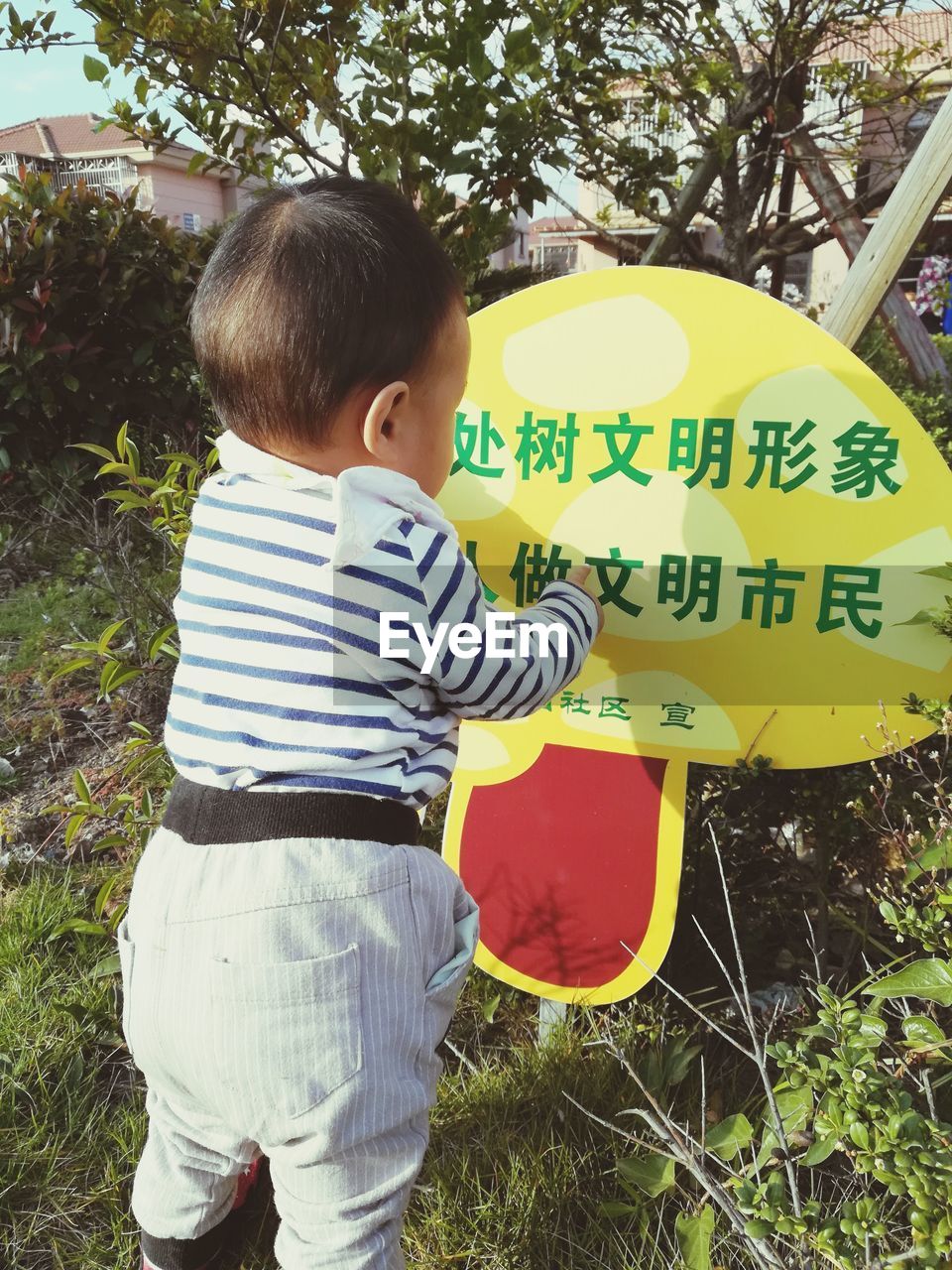 REAR VIEW OF BOY STANDING AGAINST TREE