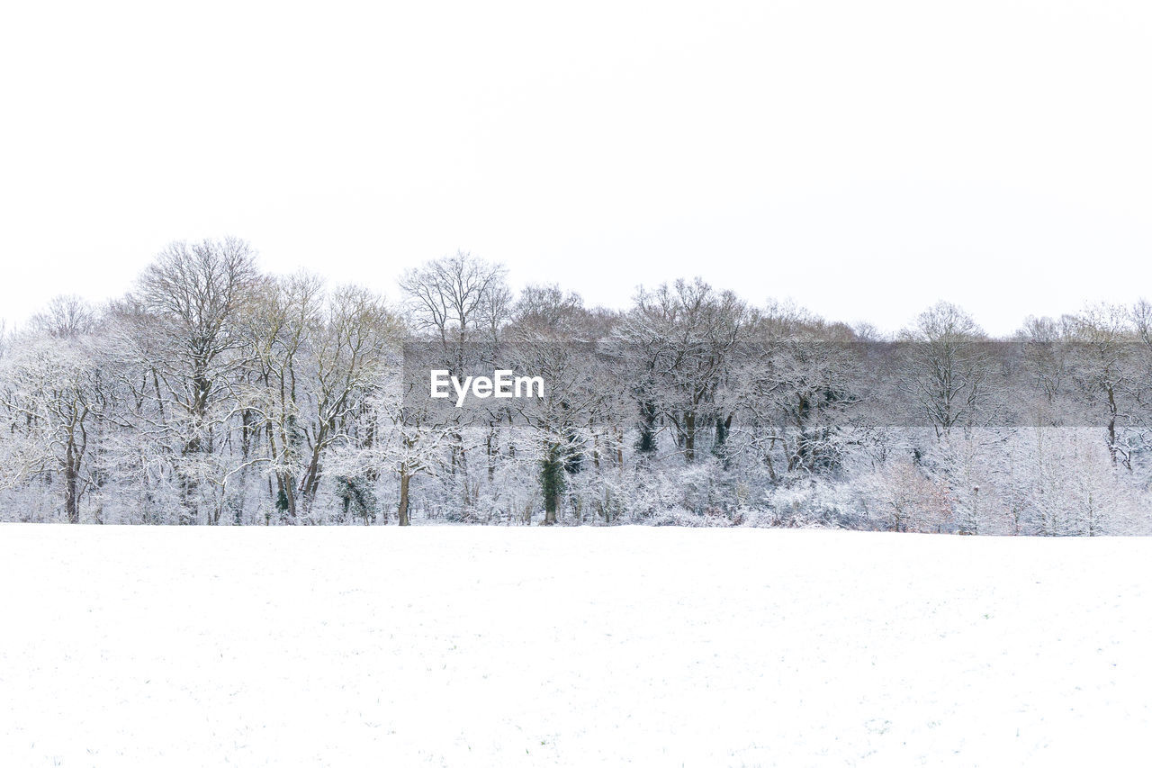 Snow covered field against clear sky