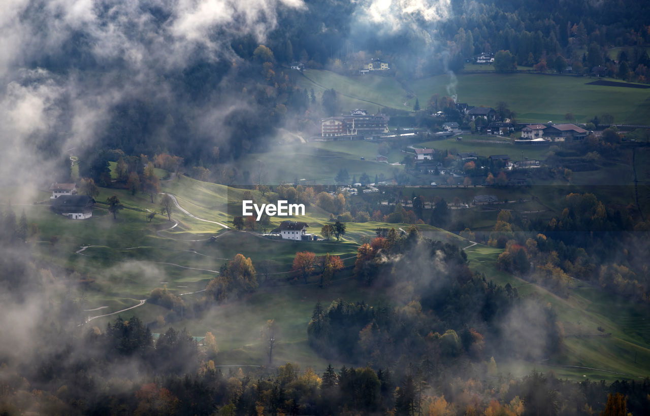 High angle view of trees on field against sky