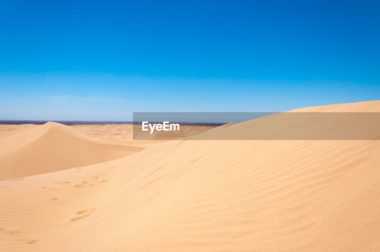 SCENIC VIEW OF SAND DUNES AGAINST CLEAR BLUE SKY