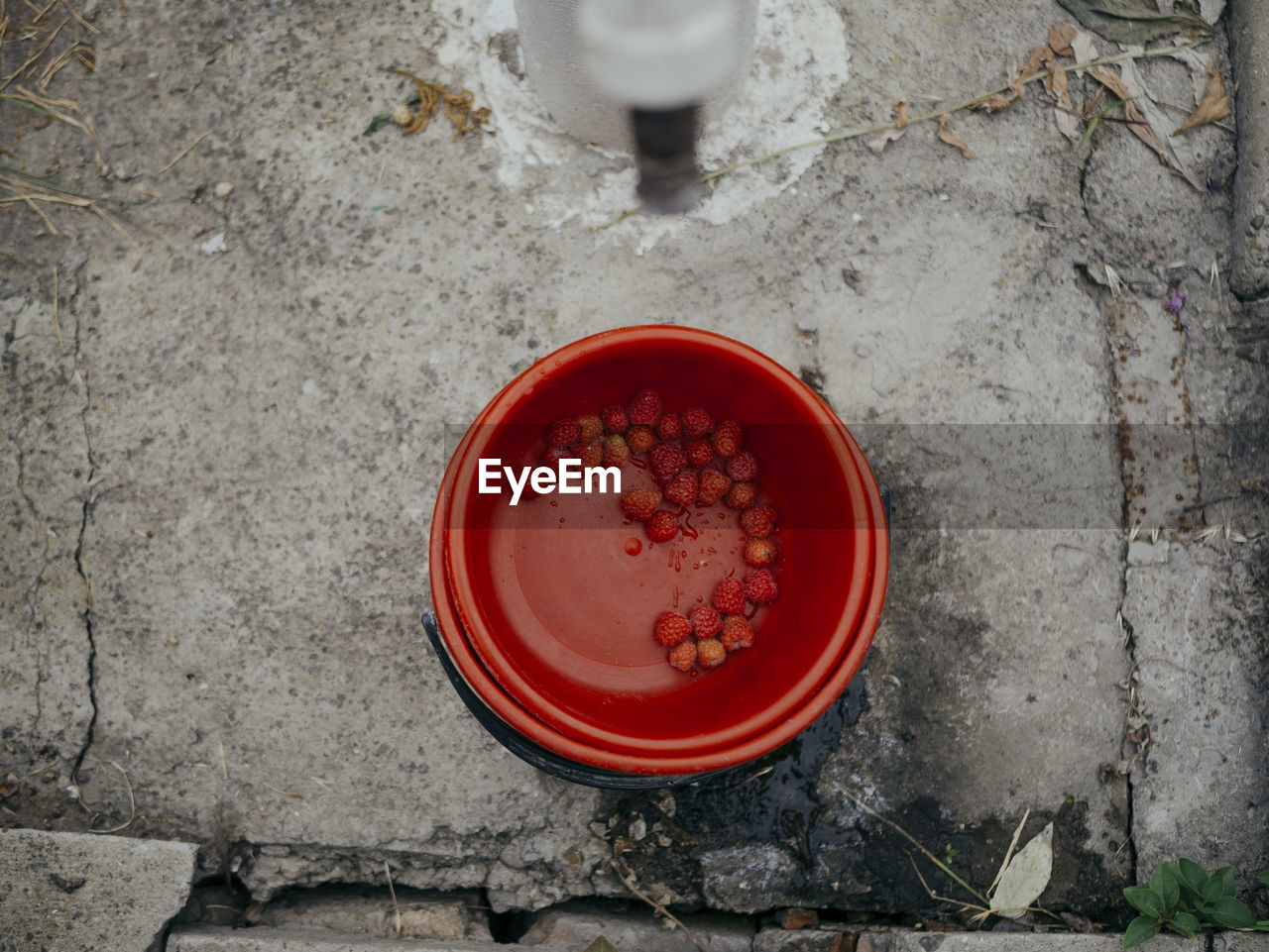 HIGH ANGLE VIEW OF RED BOWL IN CONTAINER ON STONE