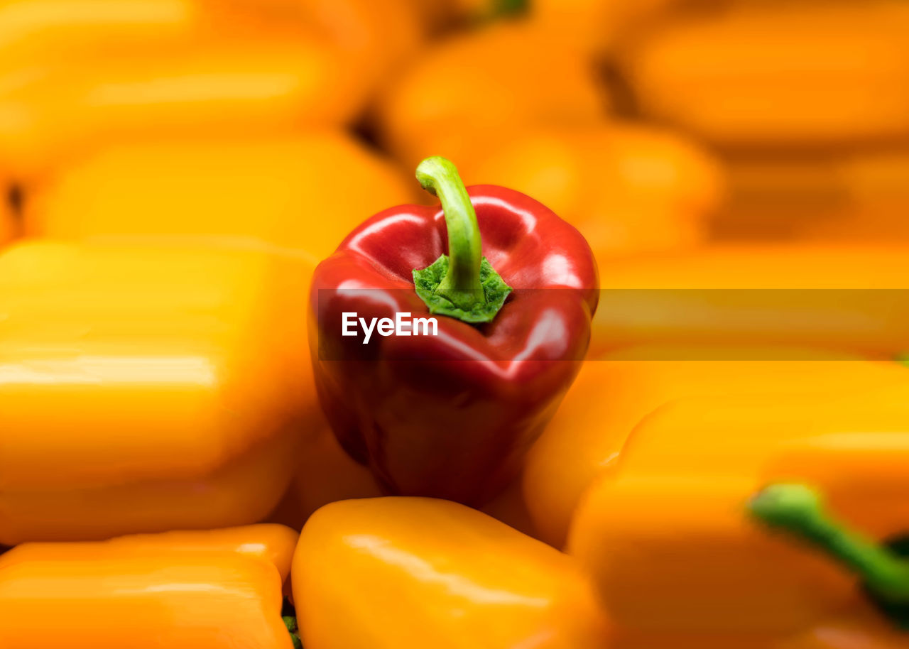 Colorful close-up of red bell peppers on yellow bell peppers