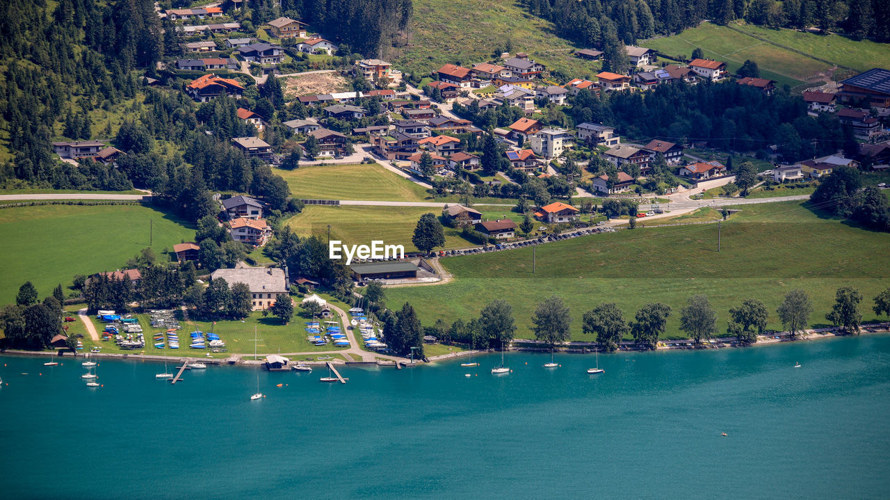 Achen lake, a picturesque alpine lake. a view above pertisau towards buchau shoreline. 