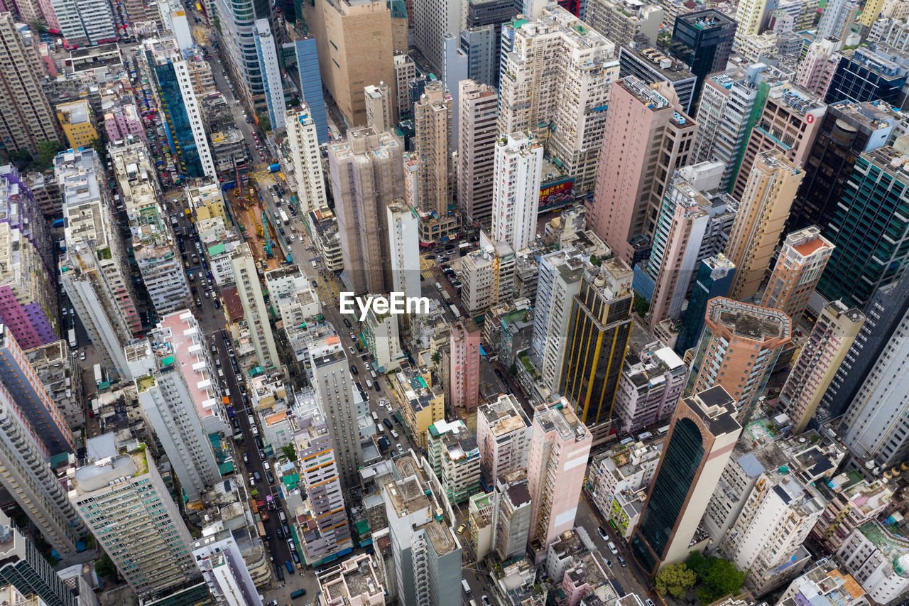 High angle view of modern buildings in city