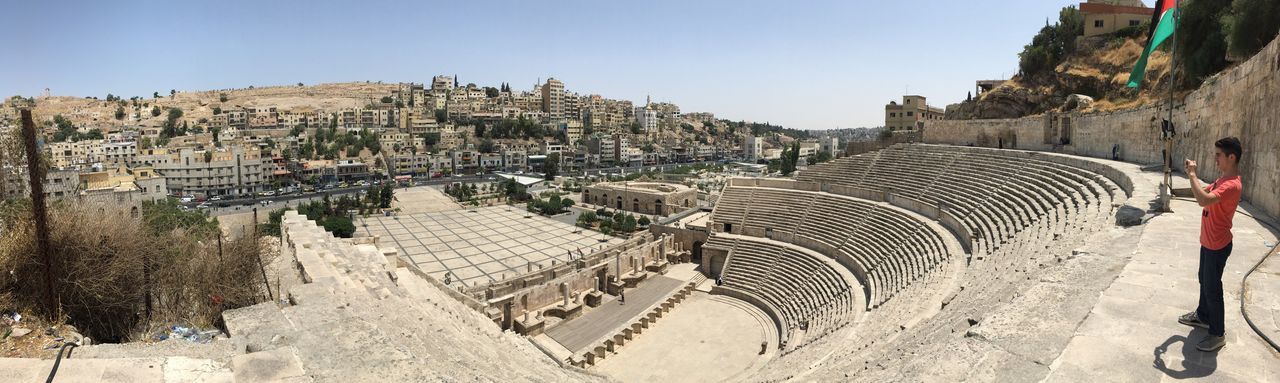 PANORAMIC VIEW OF CITYSCAPE AGAINST CLEAR SKY