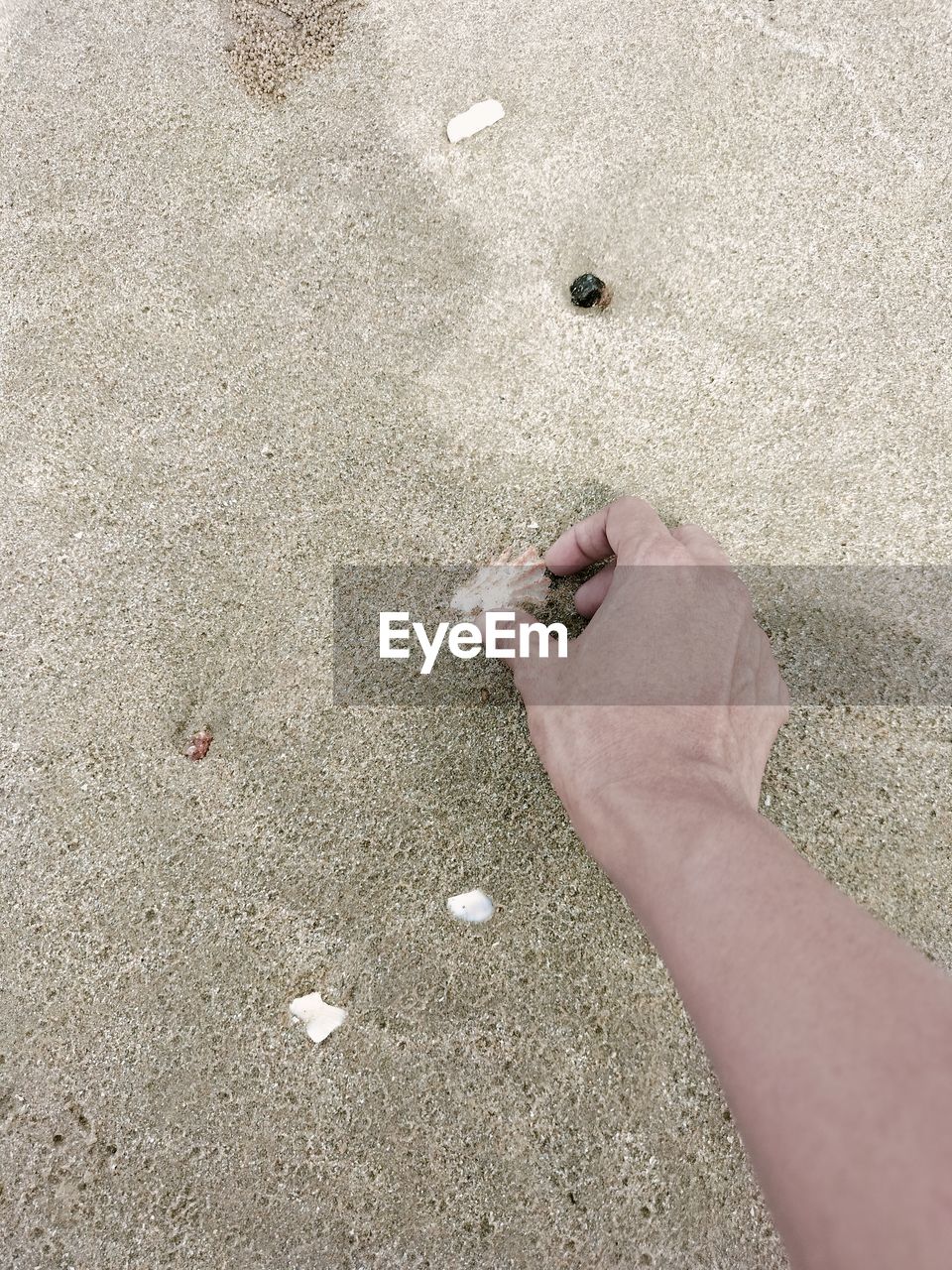 sand, beach, high angle view, flooring, one person, land, hand, floor, day, human leg, personal perspective, nature, limb, leisure activity, lifestyles, outdoors, low section, barefoot, human limb, close-up