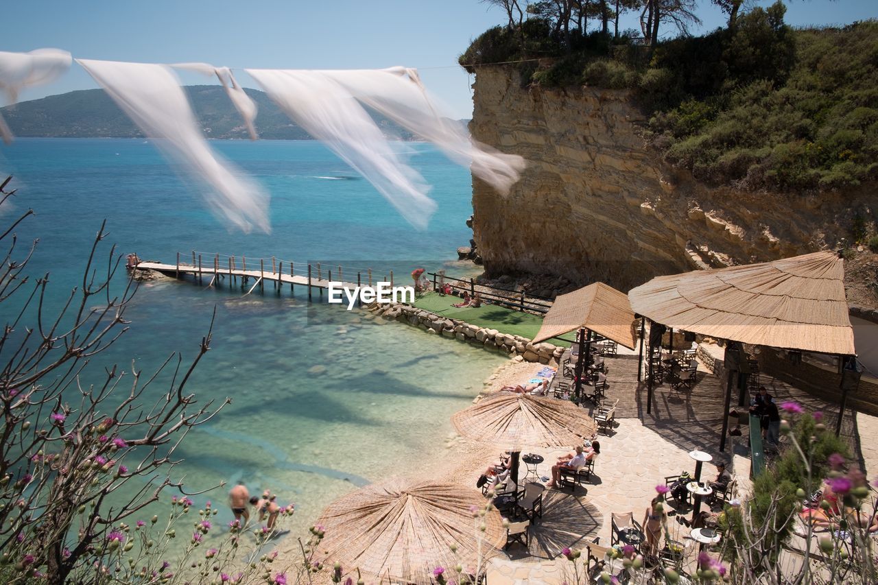 High angle view of parasols at beach