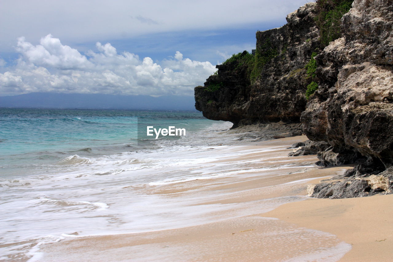 VIEW OF ROCKS ON BEACH AGAINST SKY