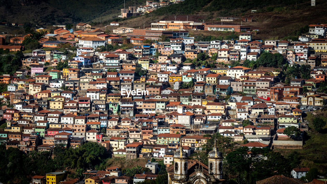 High angle view of buildings in city