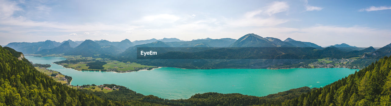 Panoramic view of lake and mountains against sky