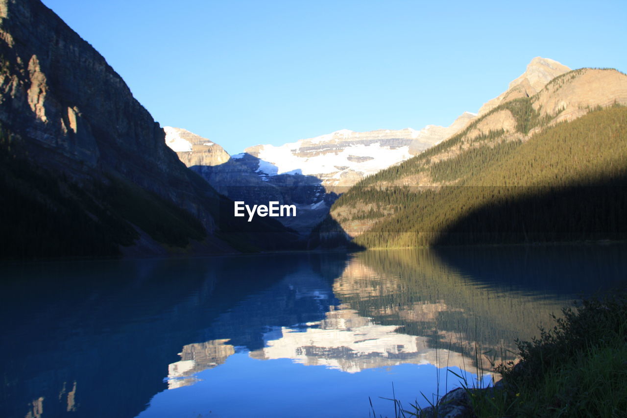 Scenic reflection of mountain range in lake