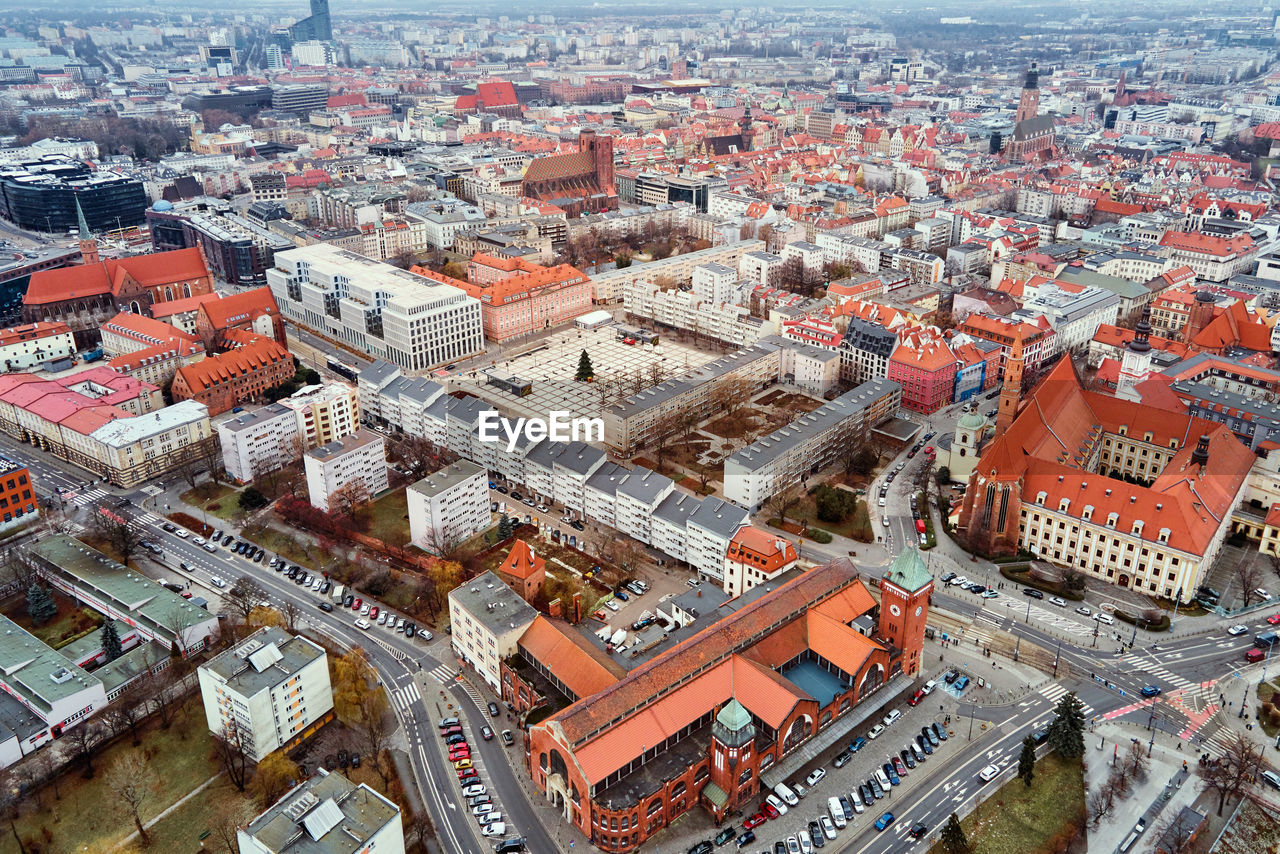 Cityscape of wroclaw panorama in poland, aerial view