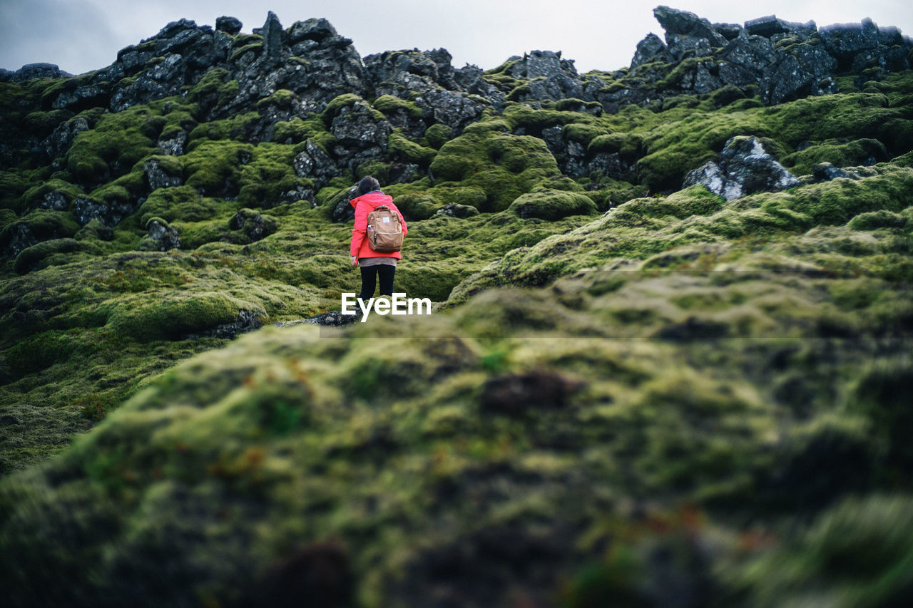 REAR VIEW OF WOMAN STANDING ON ROCKS