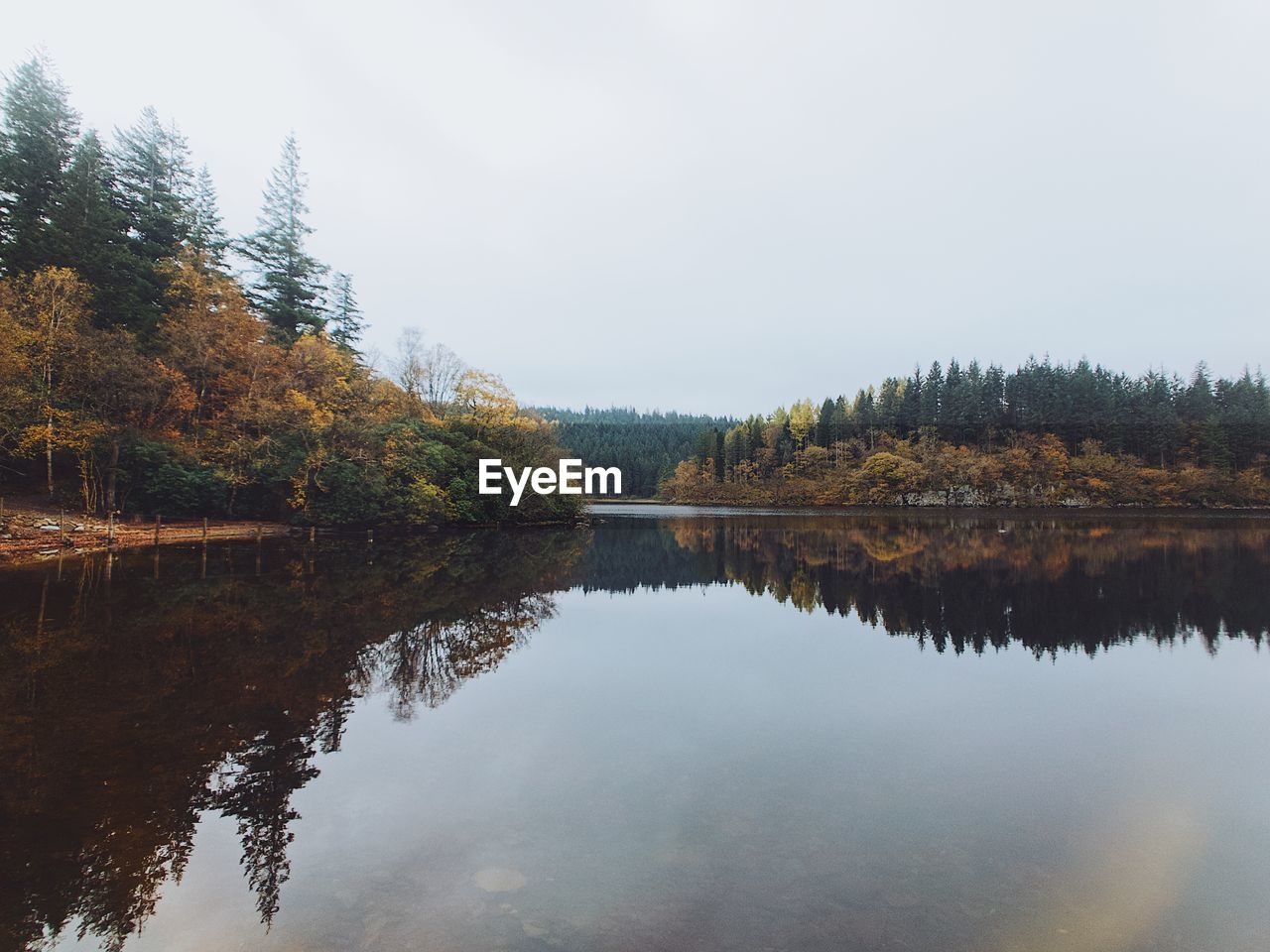 REFLECTION OF TREES IN LAKE AGAINST SKY DURING AUTUMN