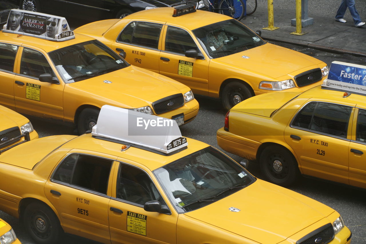 High angle view of taxis on city street