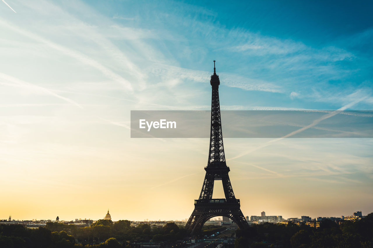 Low angle view of silhouette eiffel tower against sky during sunset