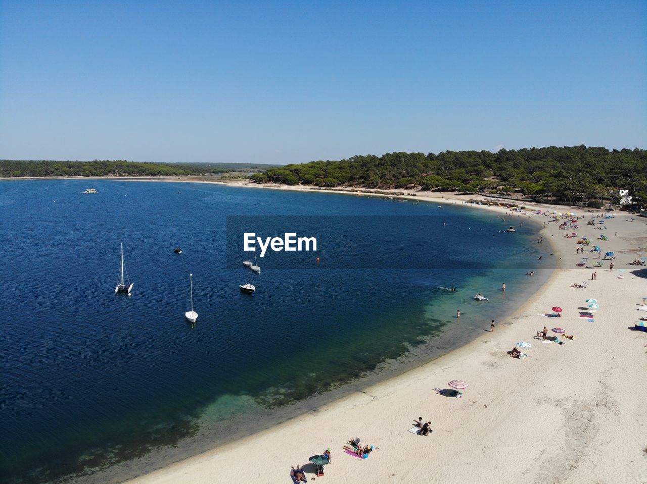 HIGH ANGLE VIEW OF PEOPLE AT BEACH AGAINST CLEAR SKY