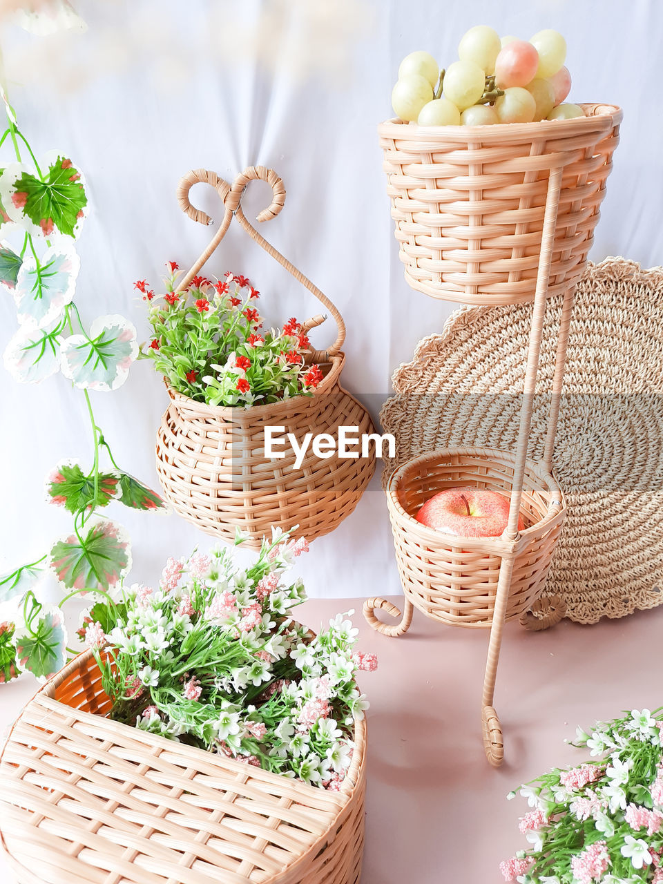 High angle view of potted plants in basket on table