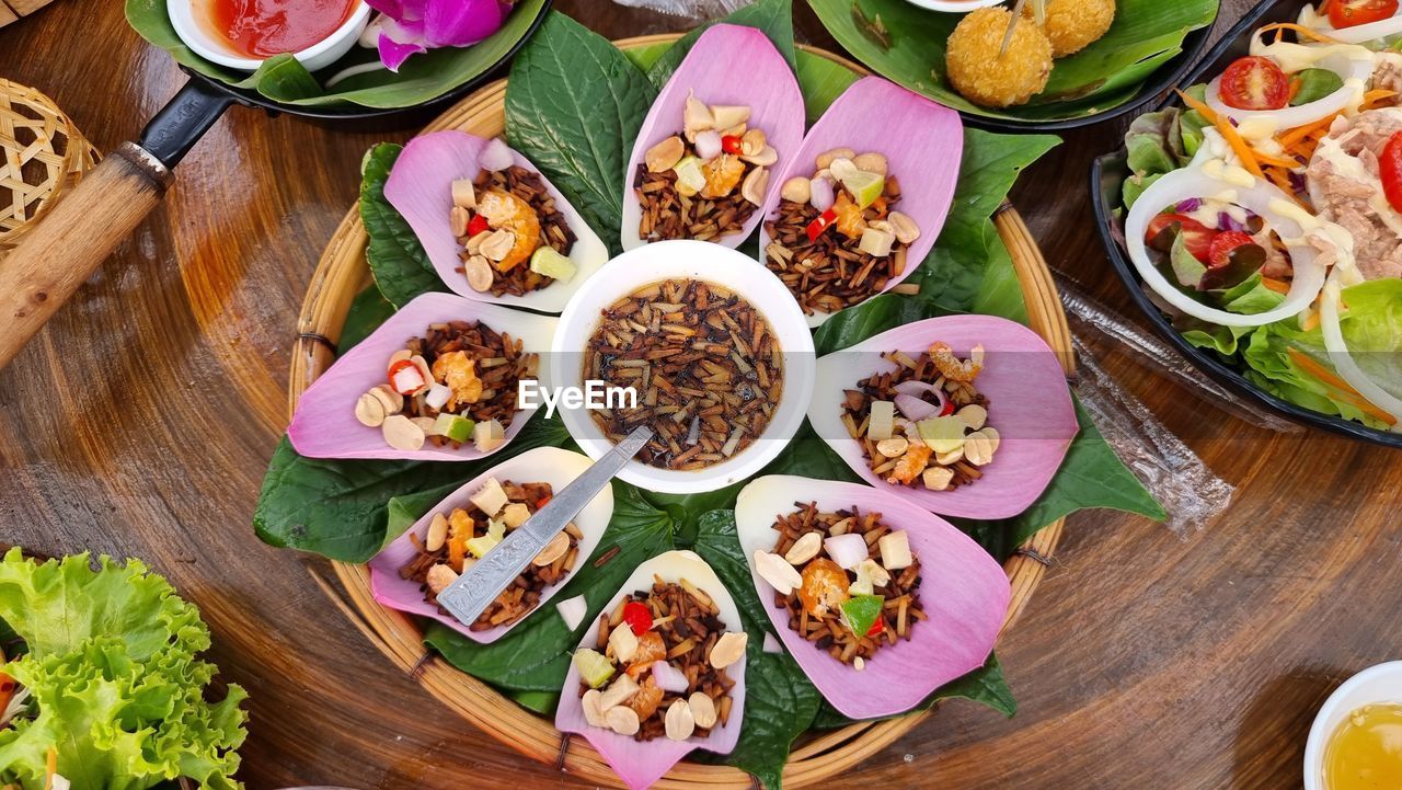 high angle view of food in bowls on table
