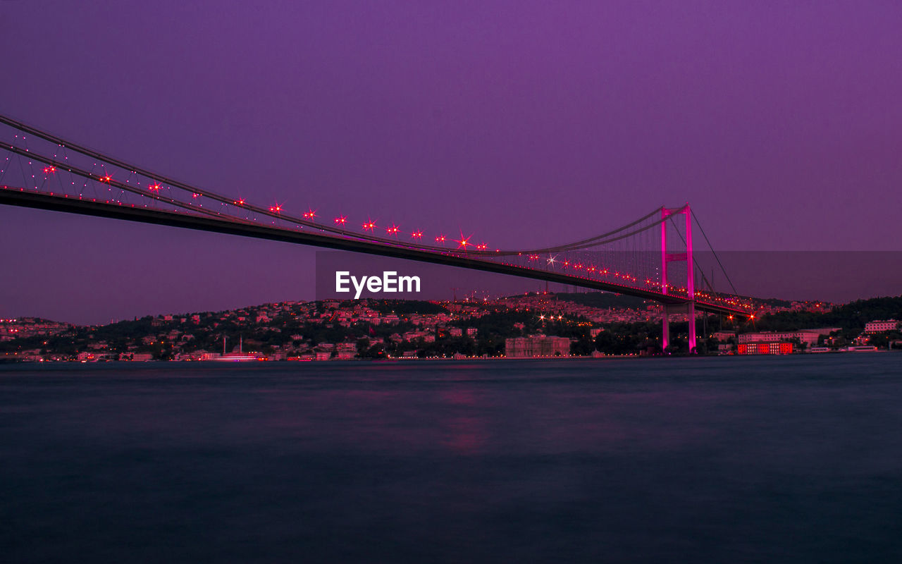 Scenic view of bridge over calm sea against clear sky