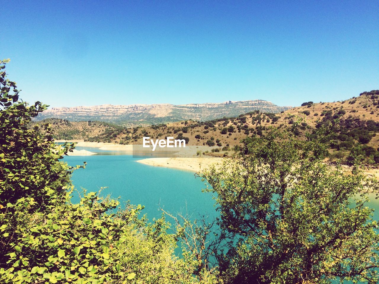 Scenic view of landscape against clear blue sky