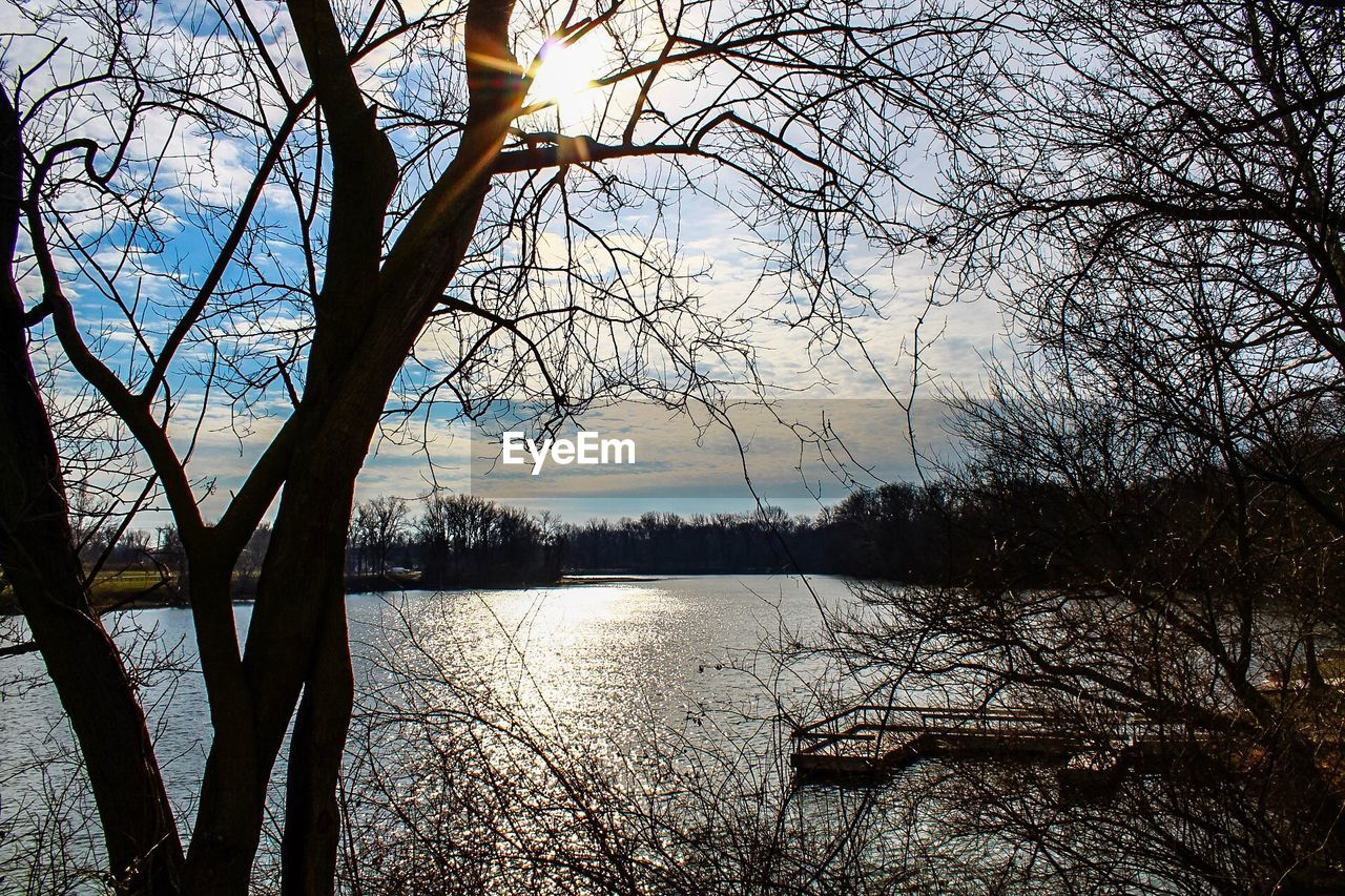 SCENIC VIEW OF LAKE AGAINST BARE TREES