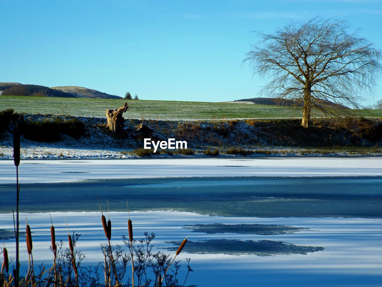 Sunny day over a frozen scottish loch