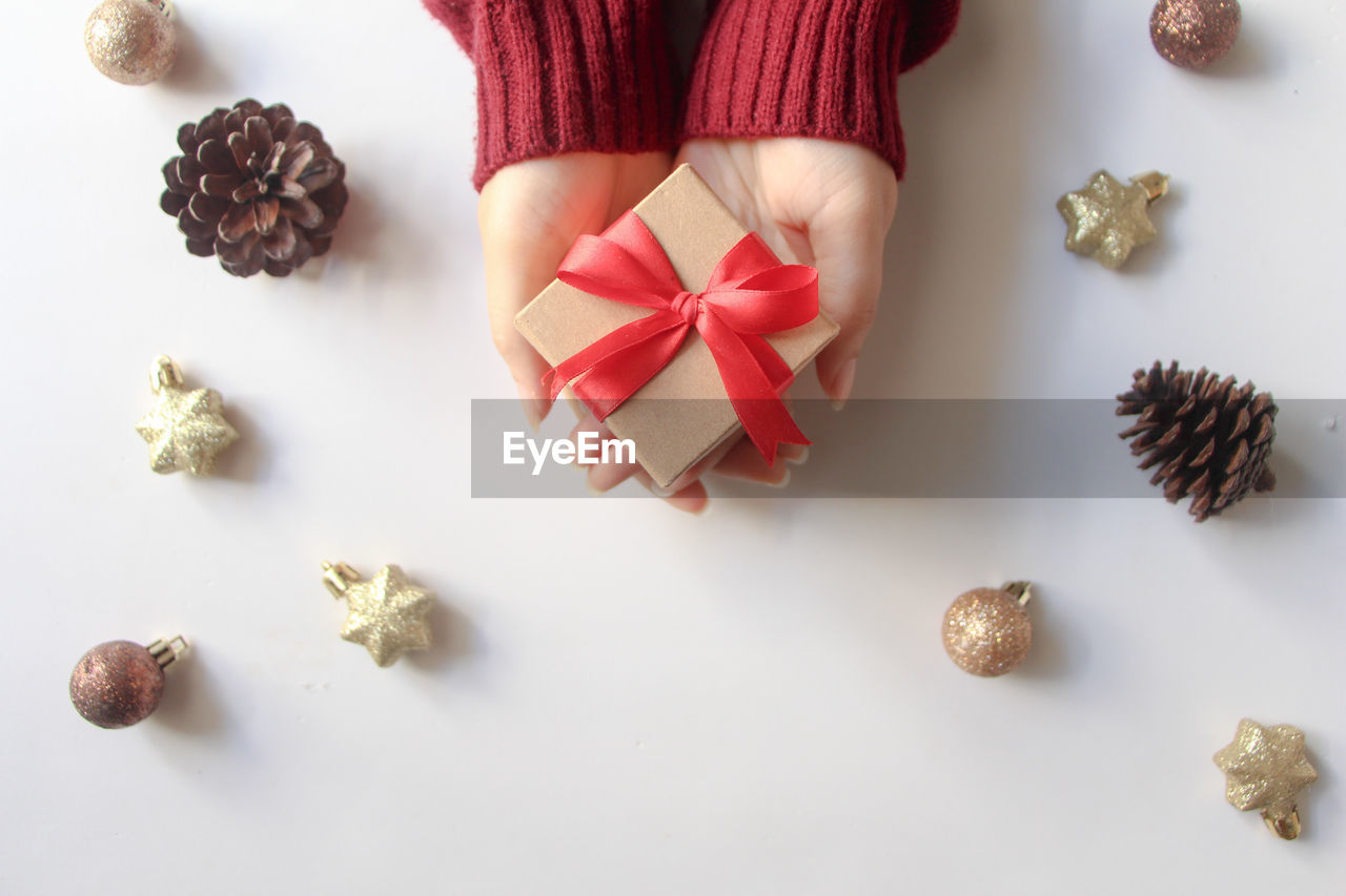 high angle view of christmas decorations on table