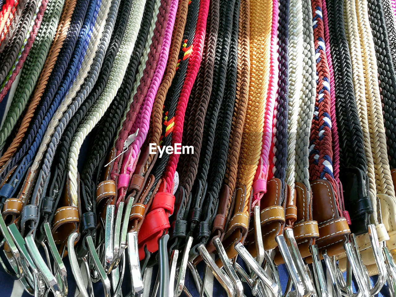 Full frame shot of colorful belts in store
