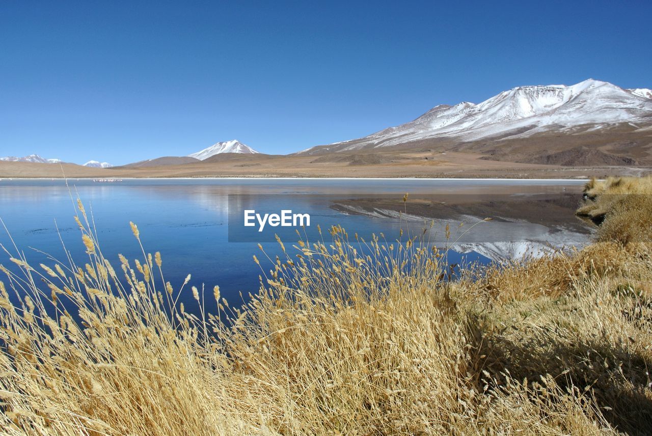 Scenic view of lake and mountains against clear blue sky