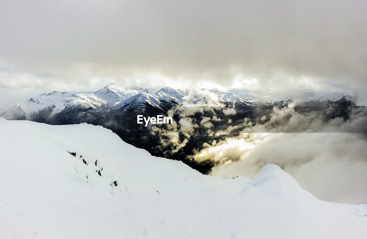 Scenic view of snow covered mountains against cloudy sky