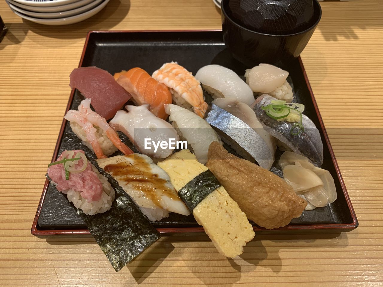 High angle view of sushi in plate on table