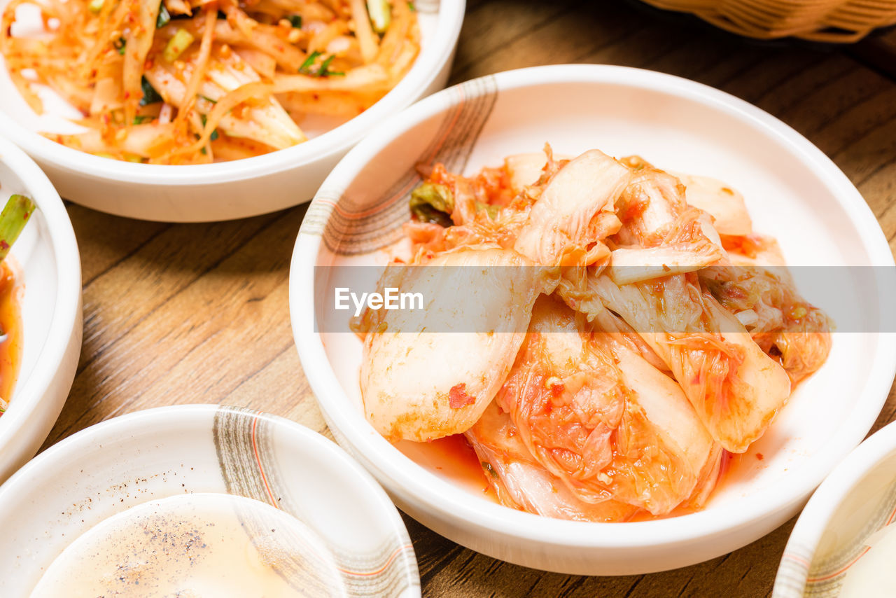 high angle view of food served in plate on table