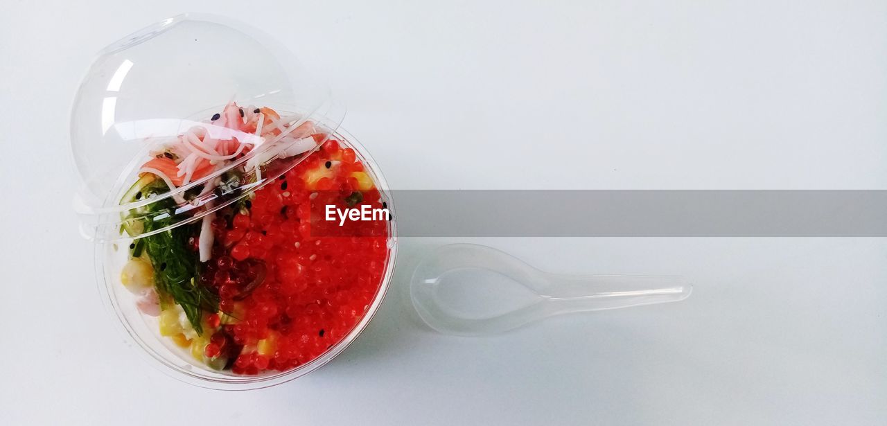 DIRECTLY ABOVE SHOT OF FRUITS IN GLASS