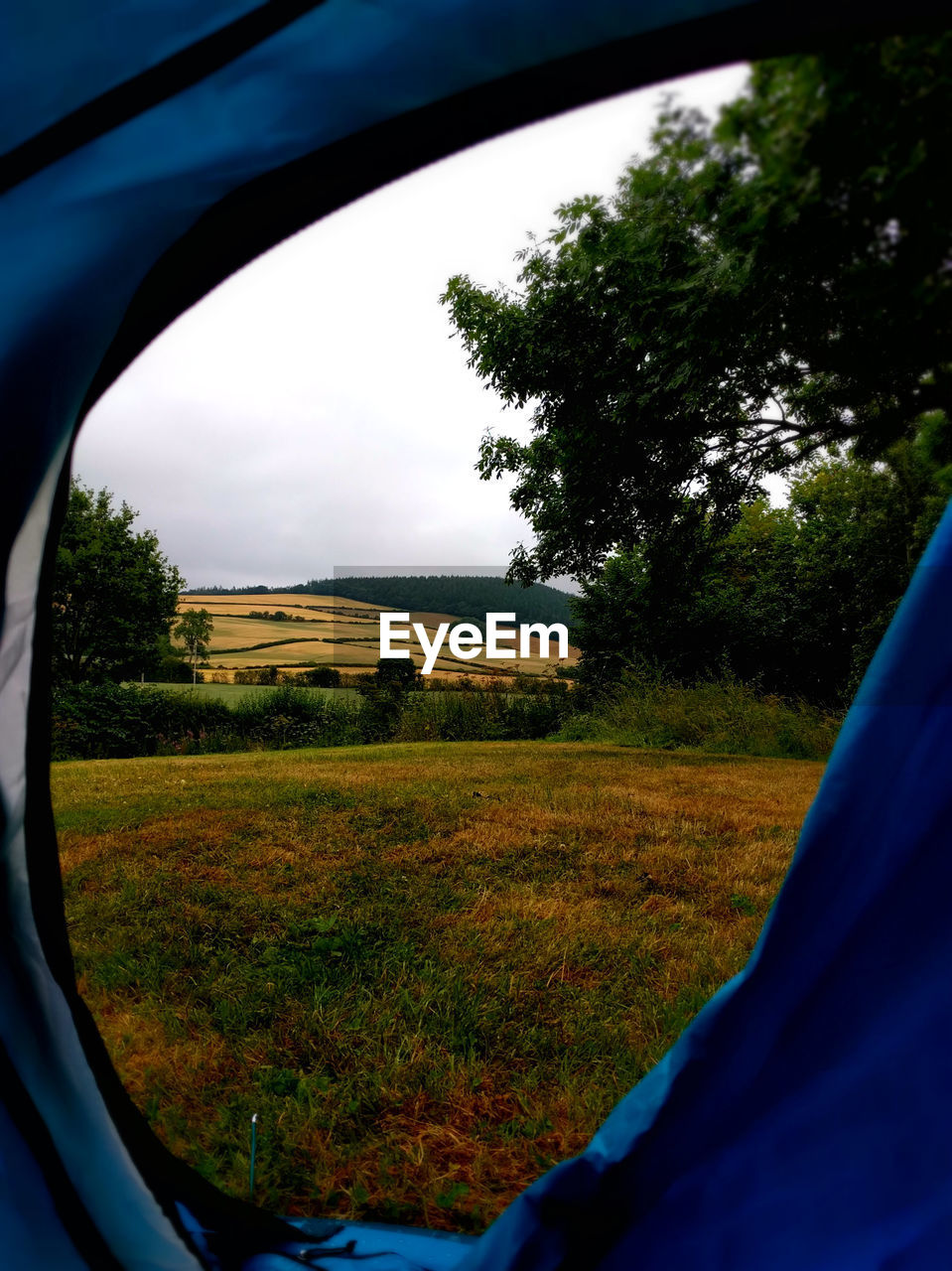 Scenic view of landscape seen through tent during autumn