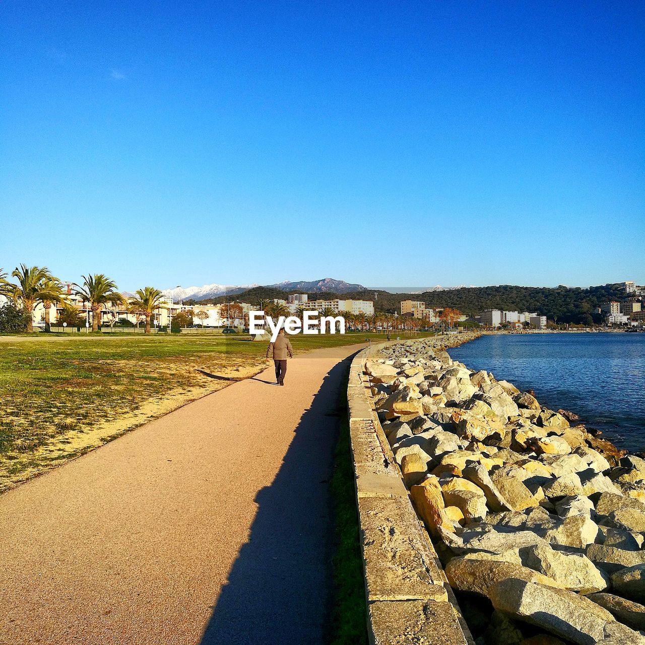 Rear view of man walking against clear blue sky