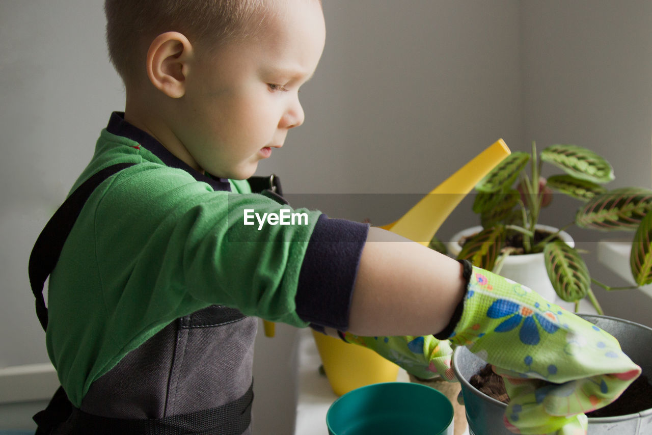 Four-year-old boy in an apron and gloves pours the ground into a pot of plants