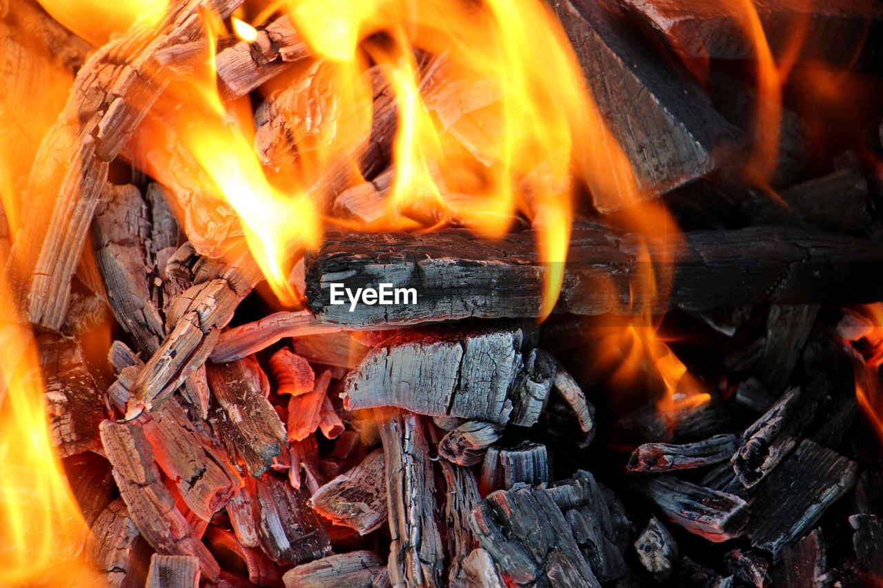 Firewood burning with bright fire close-up