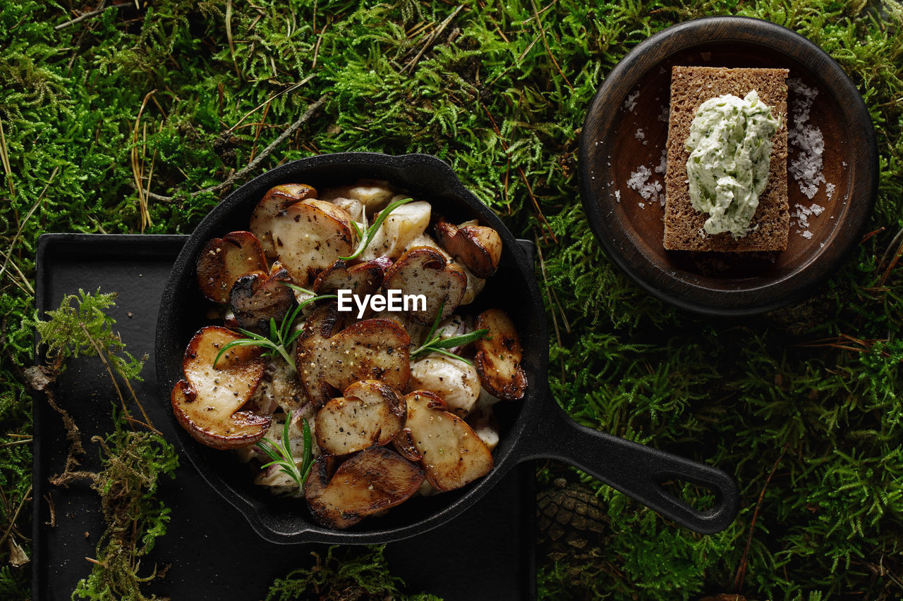 high angle view of food on barbecue grill