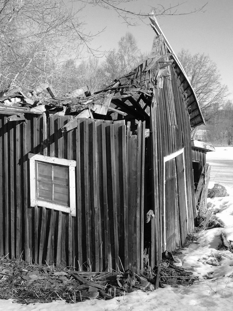 View of collapsing hut in field