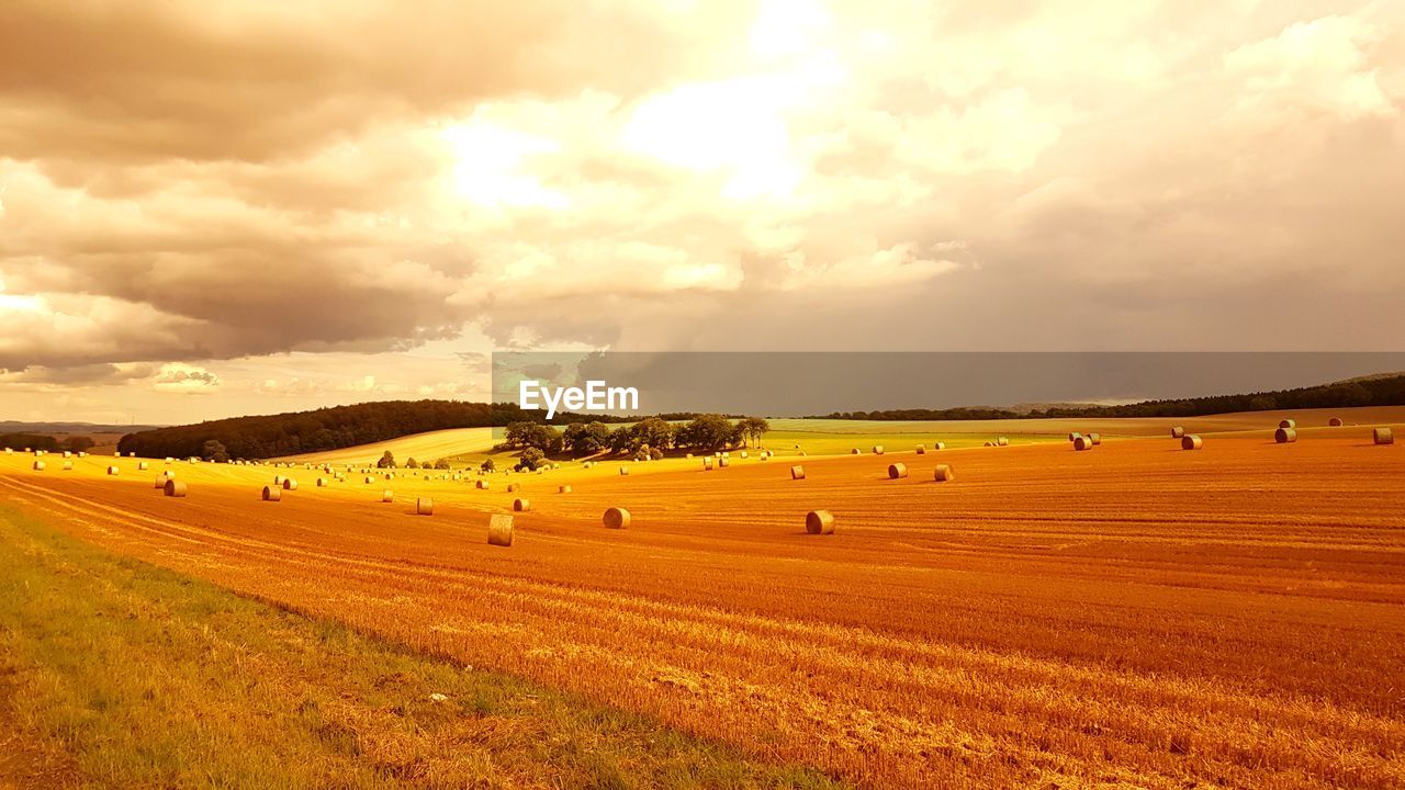 Hay bales on field against sky